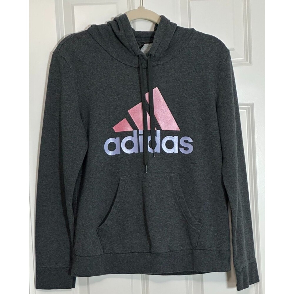 Adidas Spell Out Hoodie‎ Women's Medium Gray Pink Purple Logo Athleisure Soft
